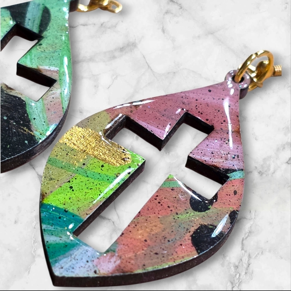 Hand Crafted Handmade Earrings Wood Colorful Religious Church Cross Boho E015 - Picture 2 of 4